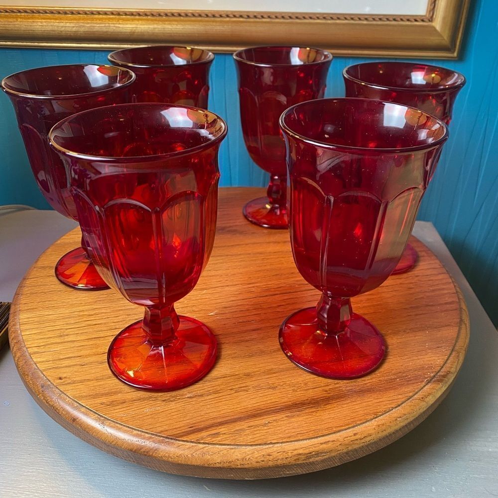 RUBY RED FOSTORIA WATER/WINE GOBLETS SET OF 6 LNC NORDICA Libby Anchor Hocking
